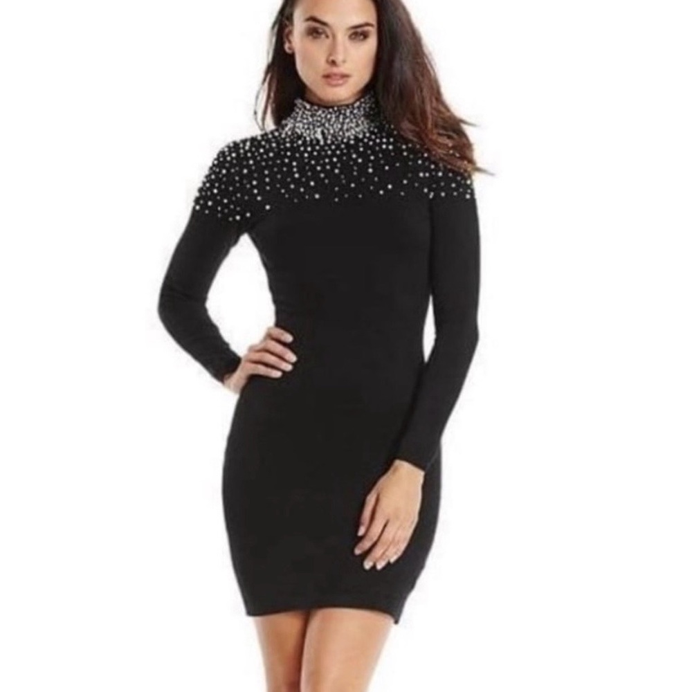 Black Embellished Turtleneck Sweater Dress